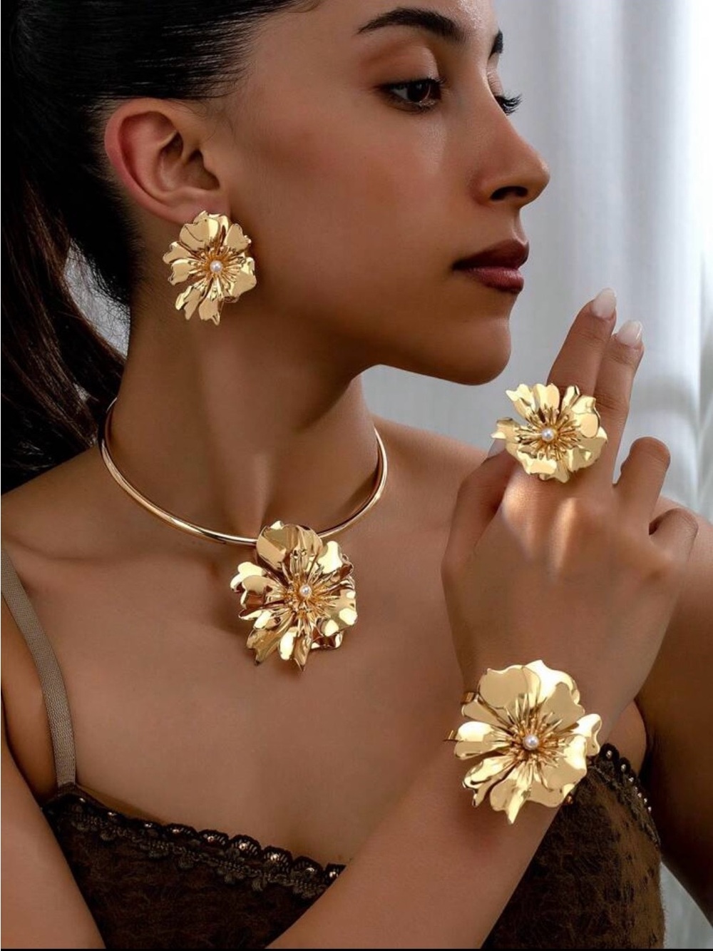 Gold Flower Statement Jewelry Set – Necklace, Earrings, Bracelet, Ring